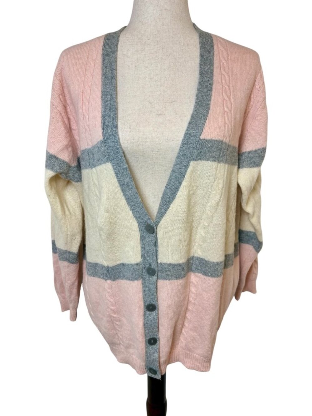 Vintage 90s Liz Claiborne Pink White Angora Wool Blend Cardigan Sweater Medium